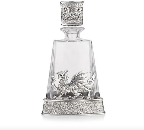AE Williams Stunning Pewter Welsh Dragon & Daffodil Glass Pyramid Crystal Whisky Decanter, 650ml, Silver