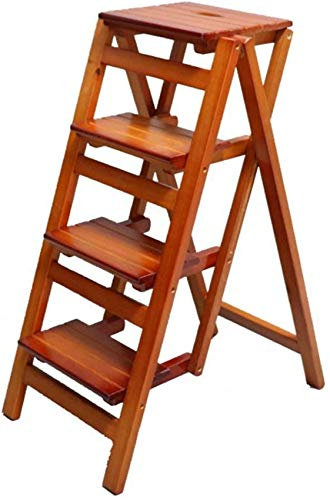 4-stufiger zusammenklappbarer Massivholz-Bibliotheksleiter für Zuhause, multifunktionaler Holzregal-Hocker (Holzfarbe)