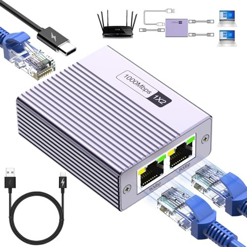 Switch Ethernet 2 Porte Gigabit,Sdoppiatore Ethernet,Switch poe 2 porte 1000Mbps Ether net Splitter LAN RJ45,Switch Gigabit con Cavo di Alimentazione Type-C per Computer, hub, Switch, Set-Top-Box