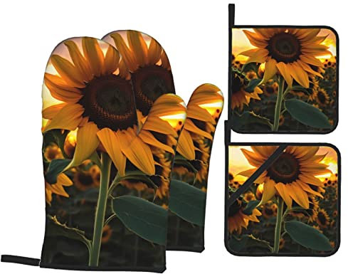 YYHWHJDE Set di 4 guanti da forno e presine con stampa di girasole: spessi e resistenti, anti-scottatura e termoisolanti