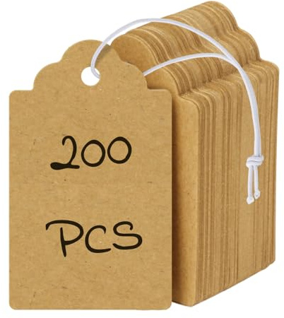 Uniclife 200 Pcs Kraft Price Tags with Elastic String Attached Writable Brown Kraft Paper Tag Hang Tags for Pricing Clothing Jewelry Price Display Labels Blank Merchandise Marking Tag, 1.8 x 1
