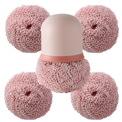 CARURLIFF Edelstahl-Drahtschwamm mit Griff, kratzfester Topfschrubber, Haushalts-Küchen-Reinigungsschwamm für antihaftbeschichtete Pfannen, Geschirr, Metalltopf, Spüle (Nordic Pink + 4)