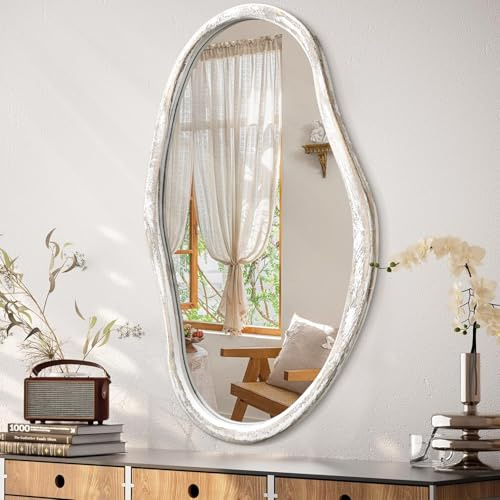 JJUUYOU Irregular Wall Mirror Asymmetrical Wooden Frame Modern Hanging Mirror for Bathroom Bedroom Living Room Hallway Wall Mounted Large Makeup Dressing White Mirrors 75x45cm