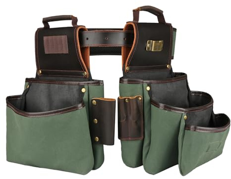 Canvas Leather Apron Tool Belt Pouch Heavy Duty Tool Storage Organizer Bag | Open-top Pouches for Quick Access, Tape Measure Holder Clip, Multiple Pockets, Buckle System, for Electricians Carpenters