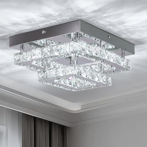 Warmiehomy Square Crystal Ceiling Light, Crystal Chandelier with K9 Crystal, 2 Ties Modern LED Ceiling Lights for Living Room Bedroom Hallway Kitchen Porch,30X24cm(Cool White)