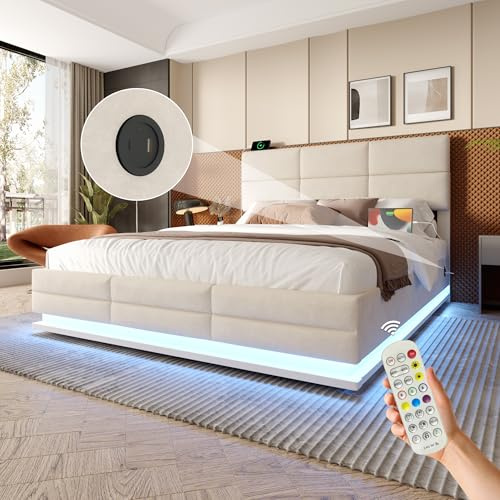 OKimmy Polsterbett Doppelbett 160x200cm, mit LED-Beleuchtung, Zweiseitige USB/Type-C-Ladefunktion, hydraulischem Stauraum, Bettgestell mit verstellbarem Kopfteil, mit Lattenrost Ohne Matratze, Beige