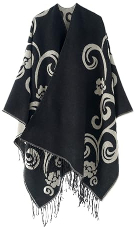 Sjalwraps för Damer, Mjuk Öppen Front Poncho Cape Kofta, Överdimensionerad Halsdukströja för Kväll, Bröllop, Fest, Resa (Svart Vit)
