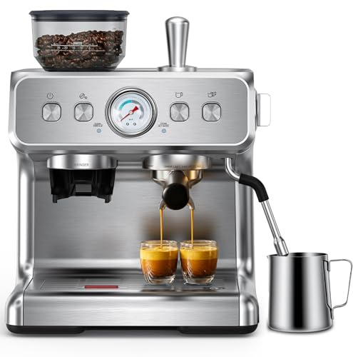 COWSAR Kaffeemaschine mit integriertem Kegelmahlwerk,30 Mahlgradeinstellungen,PID-Temperaturregelung, Manometer,Edelstahl-Espressomaschine mit Tassenwärmer, für Latte Macchiato,Cappuccino&Espresso