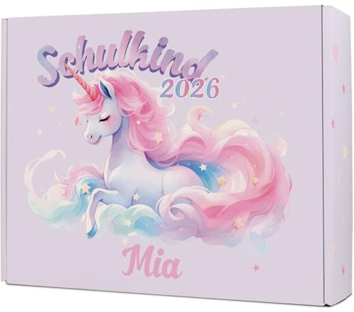 GRAVURZEILE DIY Geschenkbox zum Selbstbefüllen - Schulkind Magisches Einhorn - Personalisiert mit Namen - Geschenk zur Einschulung - Geschenkverpackung zum Schulanfang - 35,5 x 28 x 10 cm