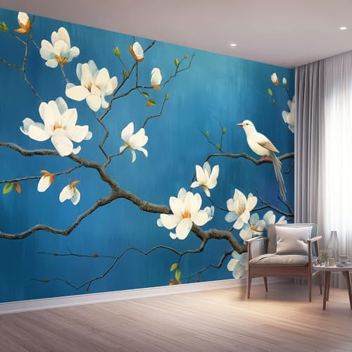 Wallpaper Mural Oriental Ink Painting Blue Magnolia White Bird Non-Woven Art Print Wall Mural Decor Poster Picture Design Modern Living Room Kitchen Dining Room Bedroom 250 X 175 Cm