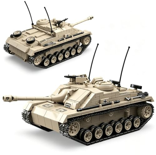 PlaySynthe Technik Panzer Bausteine, StuG.III AUSF.G Panzer Klemmbausteine, WW2 Militär Gepanzertes Fahrzeug Bausatz Modell Spielzeug, Geschenke für Erwachsene und Militärfans, 940 Teile