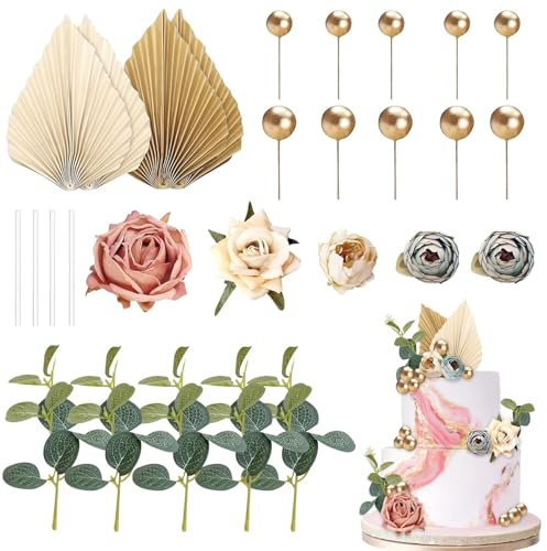 JOYOLA 28Pcs Cake Decorations Sets, Paper Palm Fan Cake Toppers Rose Artificial Flower Palm Leaves Gold Ball Cake Topper for DIY Wedding Bithday Valentine's Day Party Cake Decorations Supplie