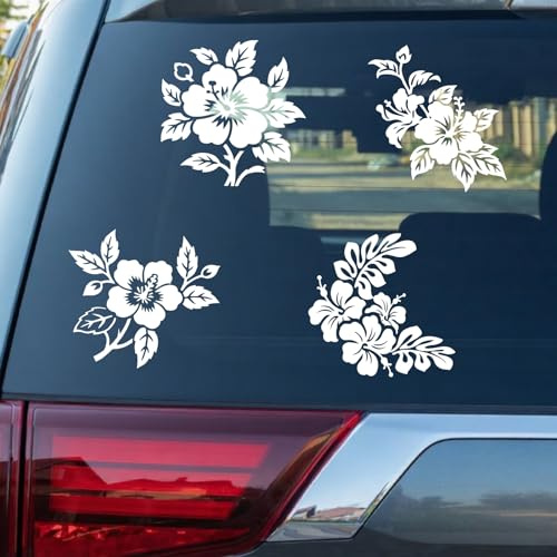 PRESSINART 4 Piezas 4 Estilos Pegatinas de Flor de Hibisco Blanco para Coche Calcomanías para Coche Reflectantes Pegatina de Bicicleta Pet Impermeable Autoadhesivas para Casco 7.9 x 7.9 Pulgadas