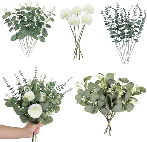 RPHONGHONG 30 PCS Artificial Eucalyptus Stems, Hydrangea Flowers Mixed Faux Greenery Leaves Branches Plants Artificial Flowers for Decoration for Weddings Gardens Office Decorations