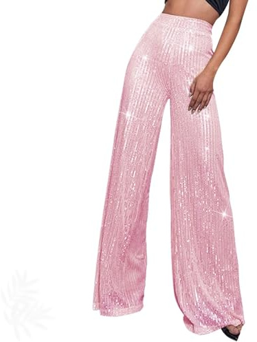 Generiskt paljetttäckt palazzobyxor med hög midja och vida ben för kvinnor, avslappnade, glittrande festbyxor med vida ben och glittereffekt, perfekt för klubb och fritid, ROSA, 4XL