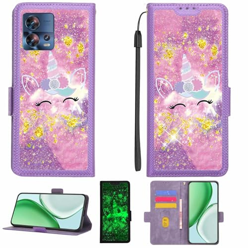 Kinetijy Coque Compatible pour Motorola Edge 30 Fusion Coque Étui Housse Case Support [avec Film Protecteur HD d'une dureté de 9H] [Blocage RFID][Paillettes dorées + Brillantes] LPT-DJS