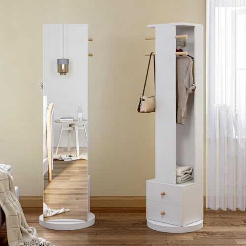 FOERPL Giratorio Espejo Integral con Percheros y Cajones, Puerta de Capa Pilar Giratorio de 360° con Espejo de Longitud Completa, 3 en 1 Conjunto de Mueble de Entrada para Salón, Dormitorio y Vestidor