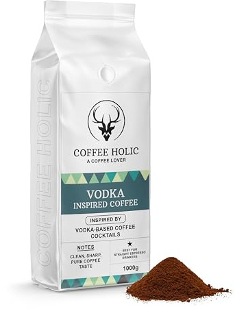 Coffeeholic Vodka Inspired Ground Coffee 1kg – Strong Arabica Dark Roast, Ground Coffee for Cafetiere, Espresso Machines & Moka Pot, Medium Roast, Gourmet Coffee Gift Set, Pure & Bold Espresso Blend