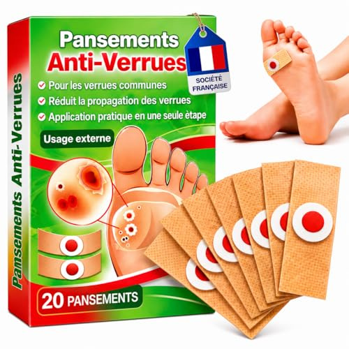 Pansement Verrue Plantaire - 20 Pièces - Anti Verrue [Société Française] Traitement Verrues Resistantes Pieds & Mains - Pansements Coricides A l'acide salycilique Traitent et Soulagent la Douleur
