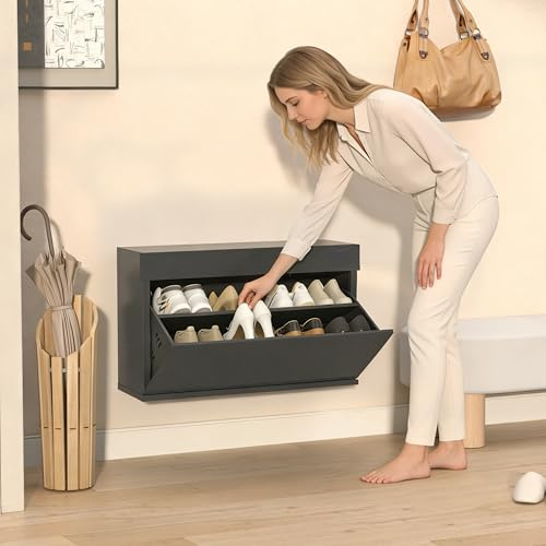 VEEHAUS Schuhschrank Metall Wandmontage, 1 Klappe, Große Größen 35-47 | Nur 25 cm tief, Stapelbar & kombinierbar, Pulverbeschichteter Stahl, Anti-Kipp-Sicherung