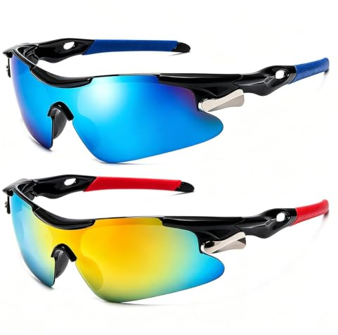 RJQZN 2 Pcs PC Cycling Glasses, Yellow and Blue Sports Sunglasses for Men Women, UV400 Protection Outdoor Eyewear for Running, Baseball, Golf, Fishing