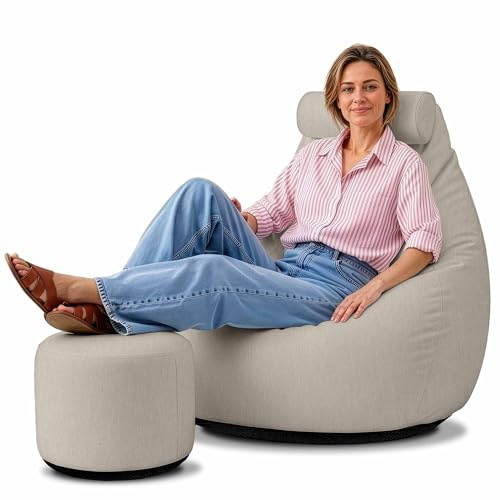 DreamRoots Sitzsack Outdoor Oxford wetterfest Erwachsene, Beige | Bean Bag, Oxford 240 g/m² Leinenoptik, 8000 mm Wassersäule, UV-beständig, rutschfest, mit Füllung & Hocker