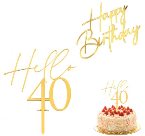 TICKLELY Décoration Gâteau 40 Ans en Acrylique Doré, Lot avec 1 Cake Topper Hello 40 et 1 Plaque Happy Birthday, Accessoires Élégants pour Anniversaire 40 Ans Femme Homme, Cupcakes et Desserts