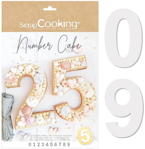 Scrap Cooking - Kit Moldes Number Cake - Números 0 a 9 - Altura 28 cm/11 pulgadas - Plantillas Accesorios Pastelería - Pasteles en Forma de Números Postre Cumpleaños - Con Recetas - 3927