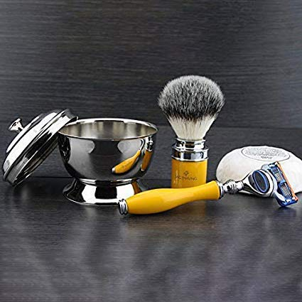 Silbern Spitze Synthetisch Dachs & 5 Edge Kopf Kompatibel Rasierer + Edelstahl Rasur Schale mit Deckel & Seife > Premium Unzerbrechlich Harz Griffe Super für Naß Rasierer Unzerbrechlich Harz Griffe