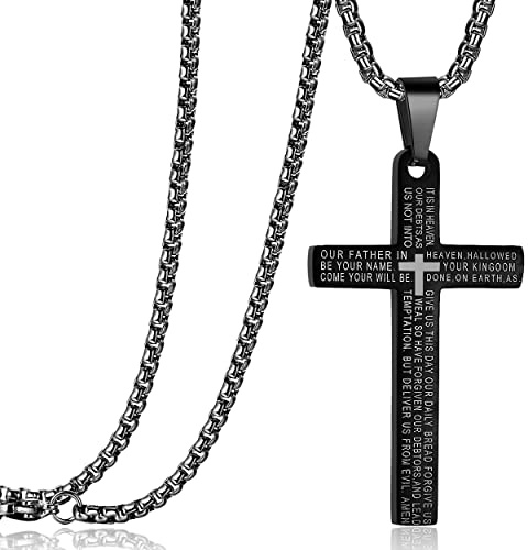 Rehoboth Collar con colgante de cruz de oración del Señor de acero inoxidable con versículo bíblico para hombres o mujeres, cadena de 61 cm, color negro, dorado y plateado, 61 cm, Metal, No es una