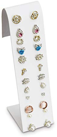 MOOCA Premium White Leatherette Adjustable Earring Display Stand Showcase Jewelry Stands for 12 Pairs of Earrings, White, 2 W x 2 7/8 D x 6 5/8 H in, White Faux Leather