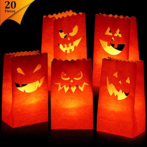 20 Pieces Luminary Candle Bags Flame Resistant Candle Bags in 5 Kinds of Pumpkin Grimace Patterns for Halloween Party Supplies