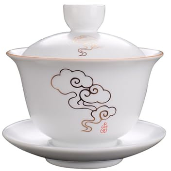 Liang baobao Gaiwan Porzellan-Teetasse, 237 ml, weiß glasiert mit goldenem Rand, Terrine, chinesische Gongfu-Teetasse, Sancai-Abdeckung, Schüssel, Lippentasse, Untertassen-Set (verheißungsvolle Wolken
