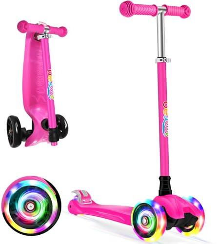 BELEEV Scooter for Kids Age 3-12, 3 Wheel Scooter for Toddlers Girls Boys, Kick Scooter with Light up Wheels, 4 Adjustable Height, Lean to Steer, Extra-Wide Deck, Sports Scooter for Children (Pink)