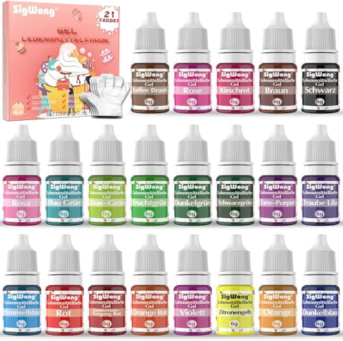 Lebensmittelfarbe Gel - 21 Farben Hochkonzentriert Lebensmittel Set für Buttercreme, Sahne, Kuchen Backen, Kekse, Macaron, Fondant, Torten, DIY Seifen, Kunsthandwerk Einfärben(6g/Flasche)