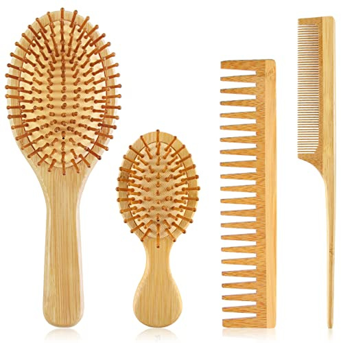 Juego de 4 cepillos de pelo de bambú con dientes anchos de madera natural y peine de cola grande y mini paletas para desenredar el pelo para mujeres, hombres