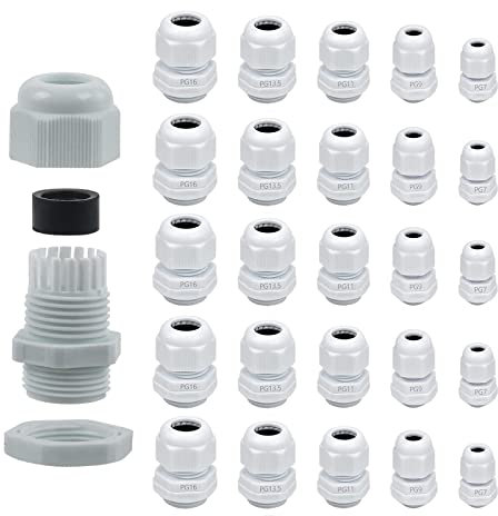 25 Stück Kabelverschraubung Set,Weiße Wasserdicht Nylon Kabelverschraubungen, Verstellbare Kunststoff Kabeldurchführung PG7 PG9 PG11 PG13.5 PG16