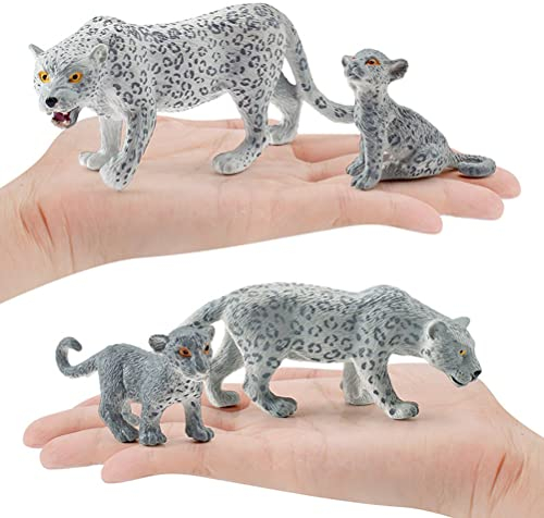4pcs realistische Schneeleoparden Figuren, PVC Wildlife Toy Jungle Animals Figuren Leopard Model Familie Spielset Bildungsspielzeugkuchen -Topper Geburtstagsgeschenk für Kinder