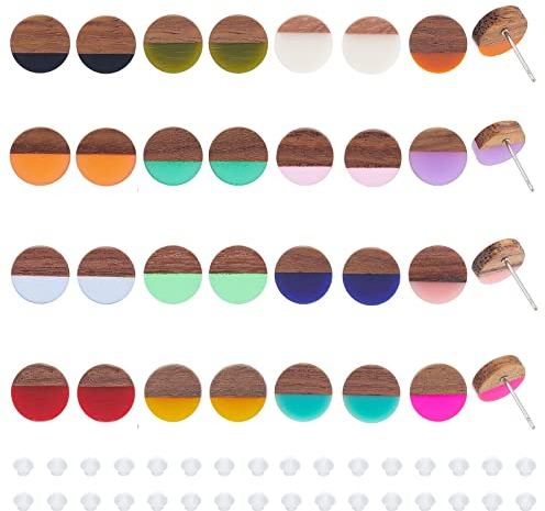 PH PandaHall 16 Paires Clous d'oreilles en Résine en Bois, 16 Types Boucles d'oreilles en Bois Rond Plat Clous d'oreilles Personnalisées en Noyer pour Femmes Amis Cadeaux de Maman