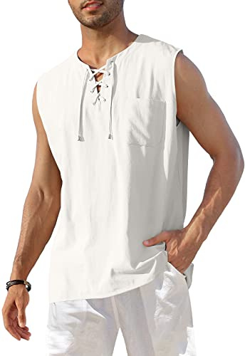 KUYIGO Hombres de algodón de la Vendimia y la Tapa del Tanque de Lino - Playa Casual to L Blanco