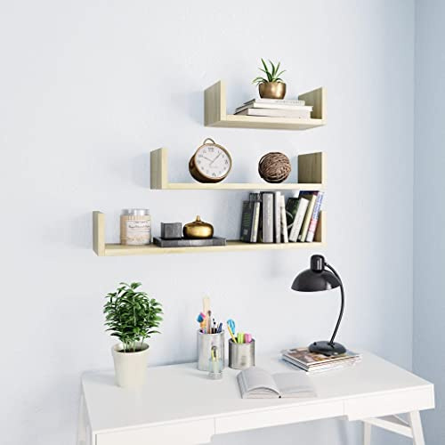 FIRBNUS 3 Piezas Estantes de Pared de Madera Contrachapada Diseño en Forma U Estantes de Wall Estante de Exhibición Suspendidas de Tablero Roble Sonoma Ideal para Hogar Oficina Dormitorio