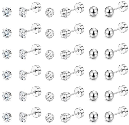 JeweBella 18 Paar Ohrstecker Silber für Damen Herren Edelstahl Kleine Zirkonia Ohrringe Flach Hypoallergen Ohrstecker Set 2mm/3mm/4mm