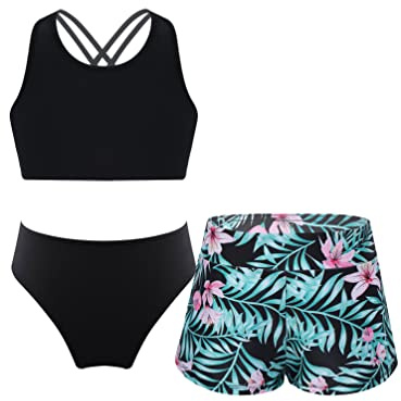 TiaoBug Mädchen Kinder Tankini Bikini Set Sport Badeanzug Zweiteiler Bademode Leopardenmuster Top und Kurze Hose Shorts Turnanzug Tanz Gymnastik Bade Bekleidung 116-164 Schwarz Grün CC 164