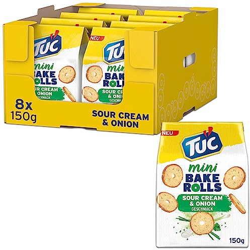 TUC Bake Rolls Mini Sour Cream & Onion – Knusprige doppelt gebackene Brotchips – 8 x 150g