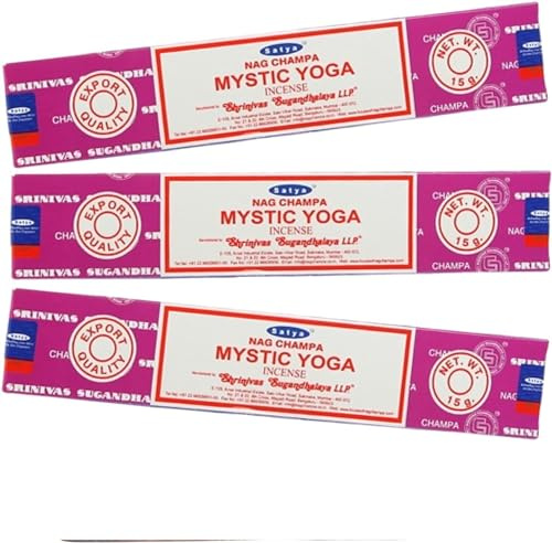Satya Nag Champa Mystic Yoga Varillas de incienso 100% naturales, 3 paquetes, varillas de incienso hechas a mano, utilizadas para aliviar el estrés, decoración espiritual, difuminar y meditar