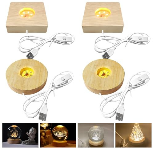 Nizirioo 4 Unidades de Base LED de Madera, 3 Colores, Ajustable Con USB, Cuadrada y Redonda Para Visualización de Escritorio, Placa de Acrílico