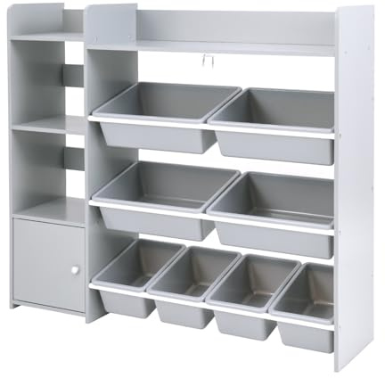 Maxmass Toy Storage Organizer, Children Bookshelf Storage Unit with Removable Bins, Open Shelves, Enclosed Cabinets, Toddler Bookcase Rack for Kids Room Playroom Nursery (Grey, 112x30x100cm)