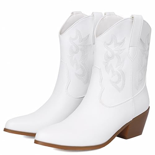 COOLCEPT Women's Western Cowboy Boots Embroidered Metallic Boots Chunky Heel Ankle White Size 39