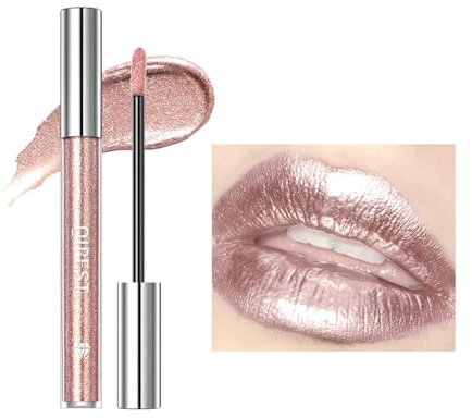 Glitter Lip Gloss Metallic Diamond Glitter Liquid Lipstick Pink Shimmer Lipstick Waterproof Lightweight Soft Metallic Eyeshadow Lipgloss Long-Lasting Nonstick Cup Pink Lip Gloss Shiny And Sparkle