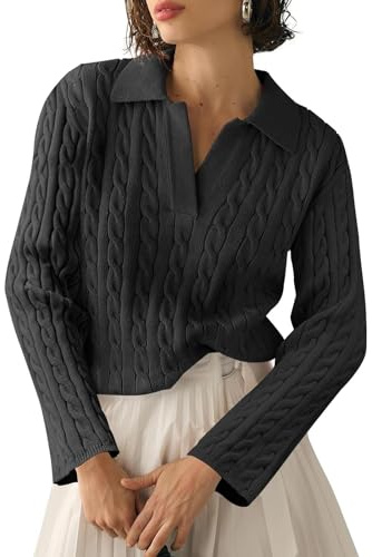 Imily Bela Jersey de manga corta de punto para mujer, elegante camiseta de verano con cuello en V, suéter de punto de cable, top de punto elegante, M